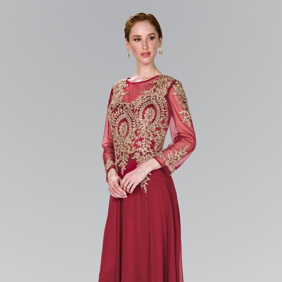 NEW LONG CHIFFON TRUMPET EMBROIDERED DRESS WITH 3\4 SLEEVES & ZIPPER BACK GL1368